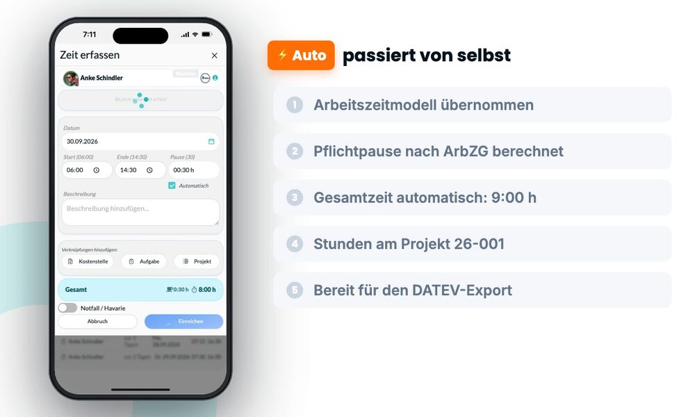 Zeiterfassung, die sich selbst ausfüllt: Arbeitszeitmodell, Pflichtpause und Gesamtzeit werden automatisch berechnet
