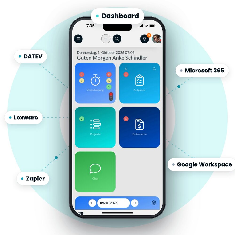 Cleandesk365 am Handy: Dashboard, Projekte, Aufgaben und Zeiterfassung in einer App, verbunden mit DATEV, Lexware und Zapier